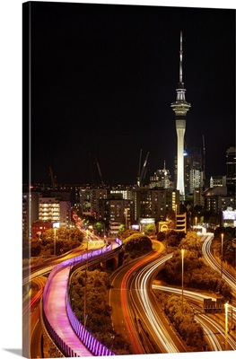 Motorways, Light Path Cycleway, Sky Tower At Night, Auckland, North Island, New Zealand