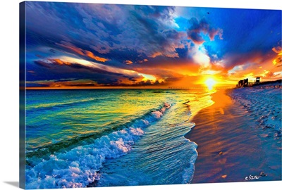 Beach Landscape-Blue Sea Waves-Yellow Sunset Burst