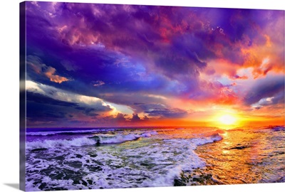 Sea Waves Sunset Abstract Red Purple Pink Clouds