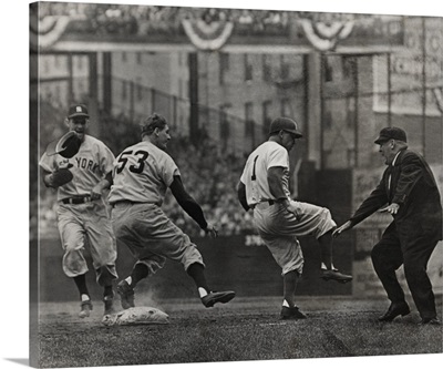 Bill Summers giving the safe sign as Brooklyn Dodger shorts