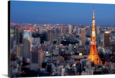 Arial view of Tokyo at dusk sign on illuminated Tokyo Tower.