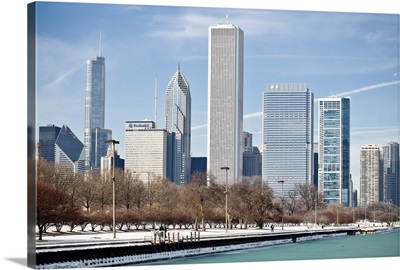 Chicago skyline across frozen Lake Michigan.