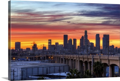 Iconic 6th bridge at dusk in Los Angeles, US.