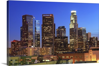 Illuminated of Downtown skyscrapers in Los Angeles.