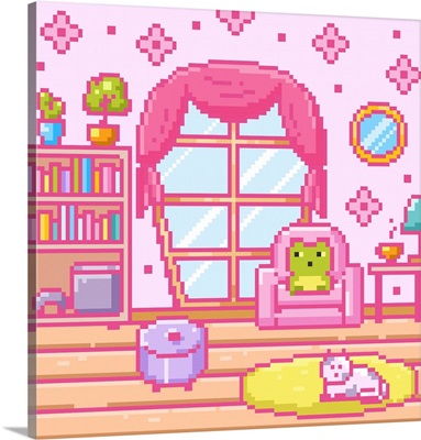 Retro Frog In Living Room With Cat Pixel Art