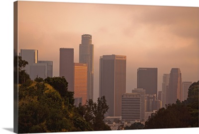 Unique view of downtown Los Angeles between hills.