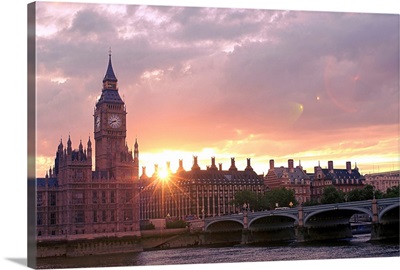 Westminster Bridge and Big Ben in London at sunset, England