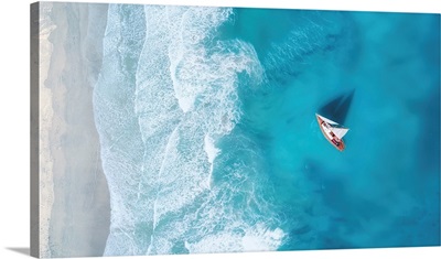 Yacht On The Water Surface, Summer Seascape From Air