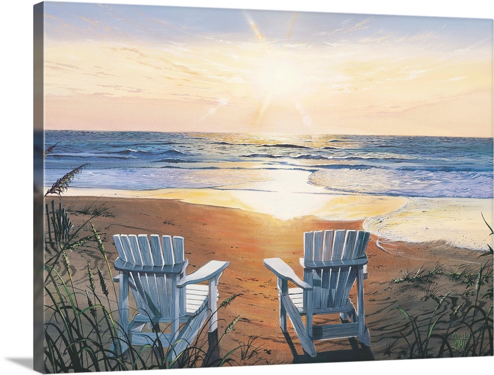 Painting of two beach chairs on sand near shoreline under a sunny sky.