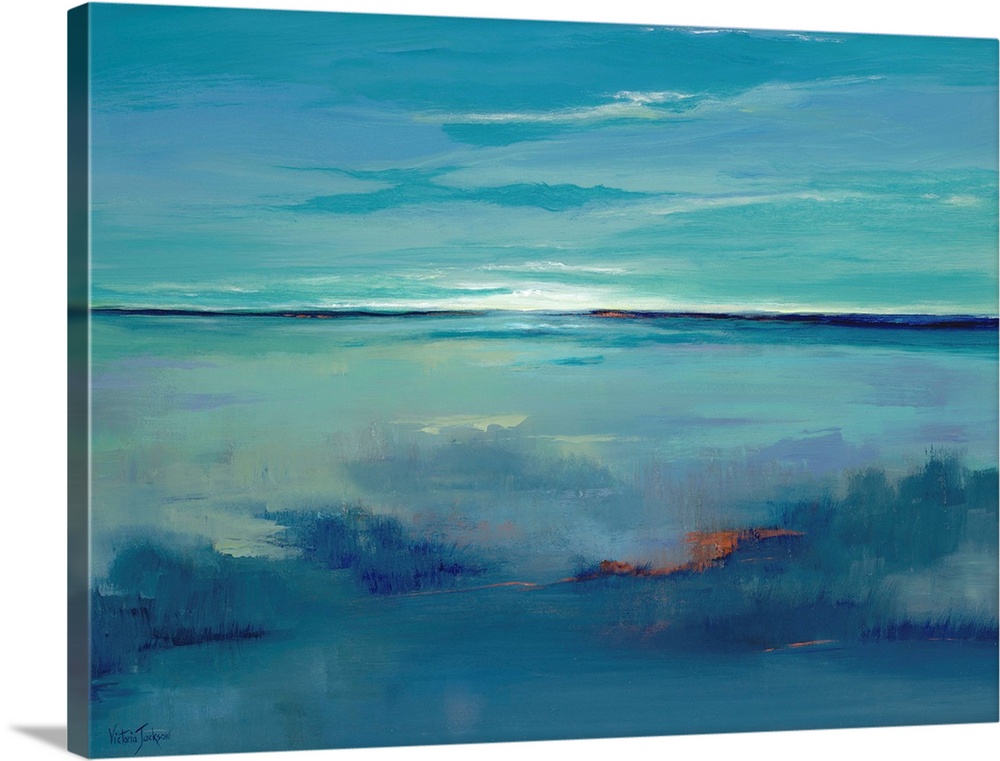 Contemporary abstract painting using using predominant blue tones resembling an open sea and horizon with setting sun.