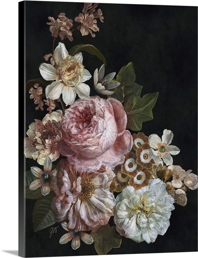 A cluster of beautiful old world flowers arranged over a dark background.