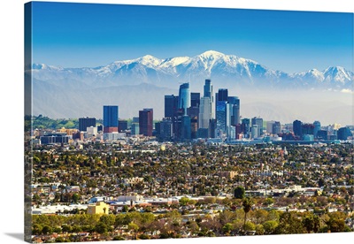 Los Angeles Skyline And Snow Capped San Gabriel Mountains, California, USA