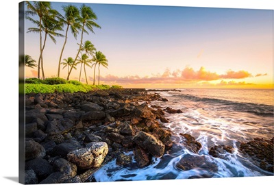 Sunset In Poipu Beach Park, Kauai Island, Hawaii, USA