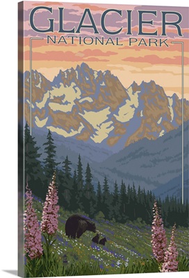 Bear and Cubs with Flowers - Glacier National Park, Montana: Retro Travel Poster