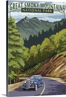 Chimney Tops and Road - Great Smoky Mountains National Park, TN: Retro Travel Poster