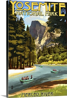 Merced River Rafting - Yosemite National Park, California: Retro Travel Poster