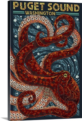 Puget Sound, Washington - Octopus Mosaic: Retro Travel Poster