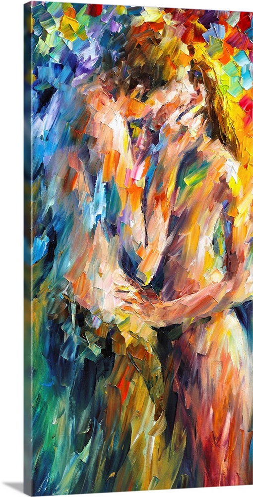 A contemporary vertical painting of two nude figures embracing; this painting has been created with broad abstract brushst...