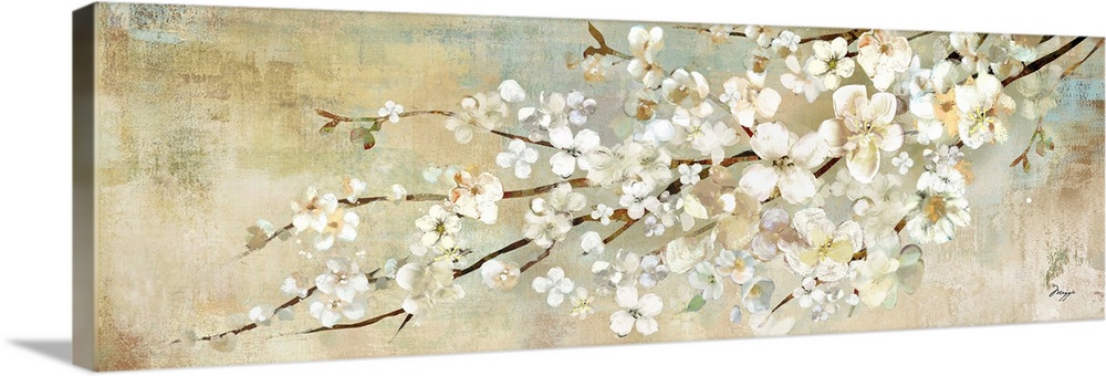 A panoramic painting of a branch of white blossoms against a neutral backdrop.