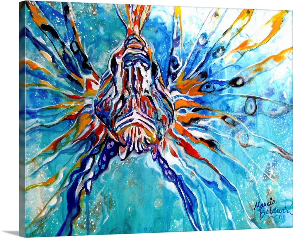 This oil painting depicts an abstract composition of a lion fish in aqua blue waters.