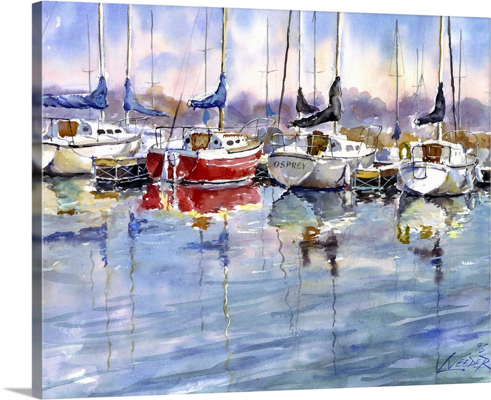 Contemporary piece using water colors to paint sail boats that sit docked at the marina.