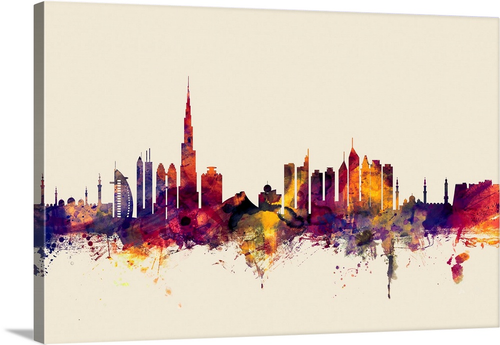 Dark watercolor splattered silhouette of the Dubai city skyline.