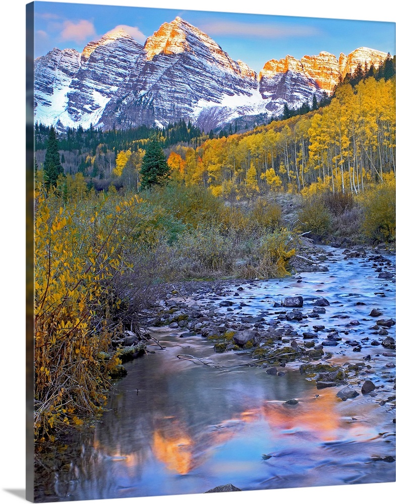 Vertical wall art photograph of a rock filled stream running through an aspen tree filled meadow in the Rocky Mountains.