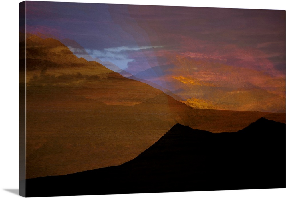 Abstract photograph of a desert landscape with rolling hills and sand, created with multiple layers.