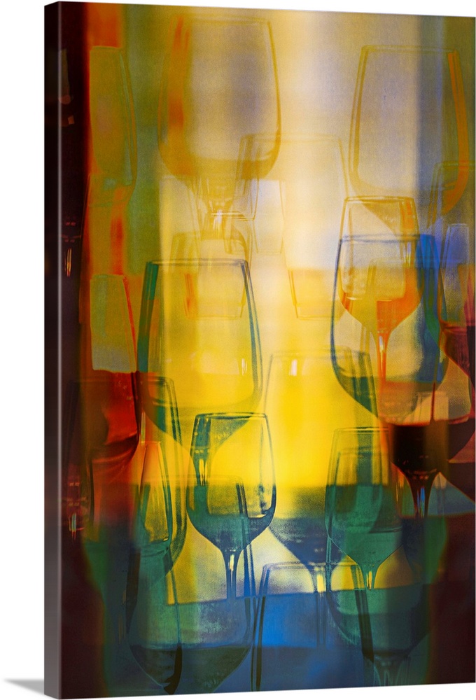 Fine art image with colorful wine glasses layered on top of each other in different sizes and colors.