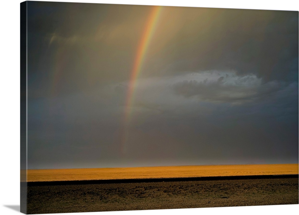 Landscape photograph of an open landscape with golden fields, a contrasting dark road, and a rainbow in the gray and blue ...