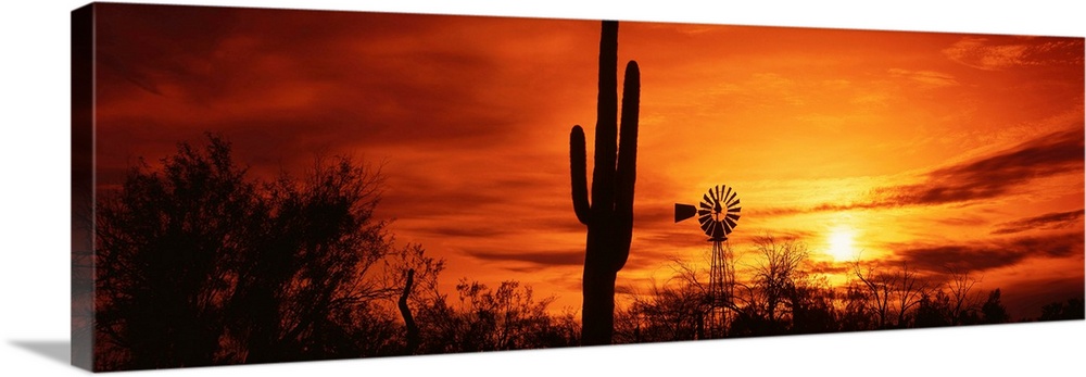 Panoramic photograph displays the sun heading towards the horizon and spreading its remaining light on barren land.  The w...