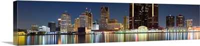 Buildings in a city lit up at night, Detroit River, Detroit, Michigan,