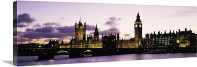 Buildings lit up at dusk, Big Ben, Houses of Parliament, Thames River, City Of Westminster, London, England