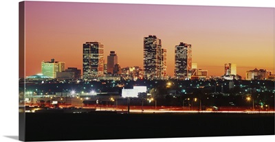 Buildings lit up at dusk, Fort Worth, Texas