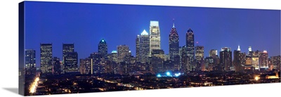 Buildings lit up at night in a city, Comcast Center, Center City, Philadelphia, Philadelphia County, Pennsylvania