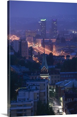 Buildings lit up at night in a city, Sarajevo, Bosnia and Hercegovina