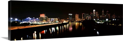 Buildings lit up at the waterfront, Philadelphia, Schuylkill River, Pennsylvania IV