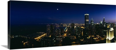 High angle view of skyscrapers lit up at night, Chicago, Illinois