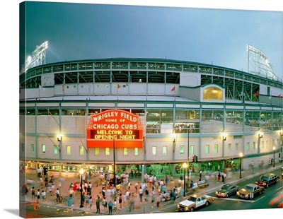 High angle view of tourists outside a baseball stadium opening night, Wrigley Field, Chicago, Illinois, 1998