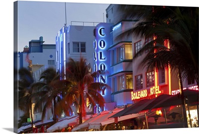 Hotels lit up at dusk in a city, Miami, Miami-Dade County, Florida