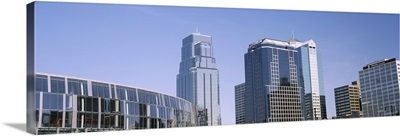 Low angle view of downtown skyline, Town Pavilion, Kansas City, Missouri, USA 2012