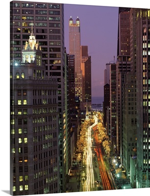 Skyscrapers lit up at dusk, Michigan Avenue, Chicago, Cook County, Illinois,