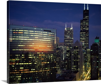 Skyscrapers lit up at night, Chicago, Cook County, Illinois,