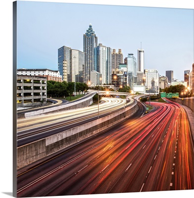 Atlanta, Georgia skyline at dusk with light trails