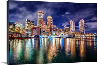 Boston Skyline At Night With Reflecting Lights