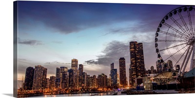 Chicago City Skyline with Ferris Wheel in Foreground, in the Evening