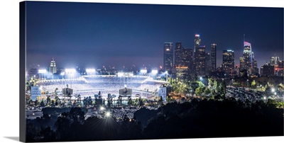 Dodger Stadium and LA skyline Lit Up at Night