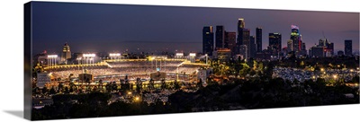 Dodger Stadium and LA skyline Lit Up at Night - Panoramic