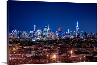 Downtown New York Skyline At Night From The West