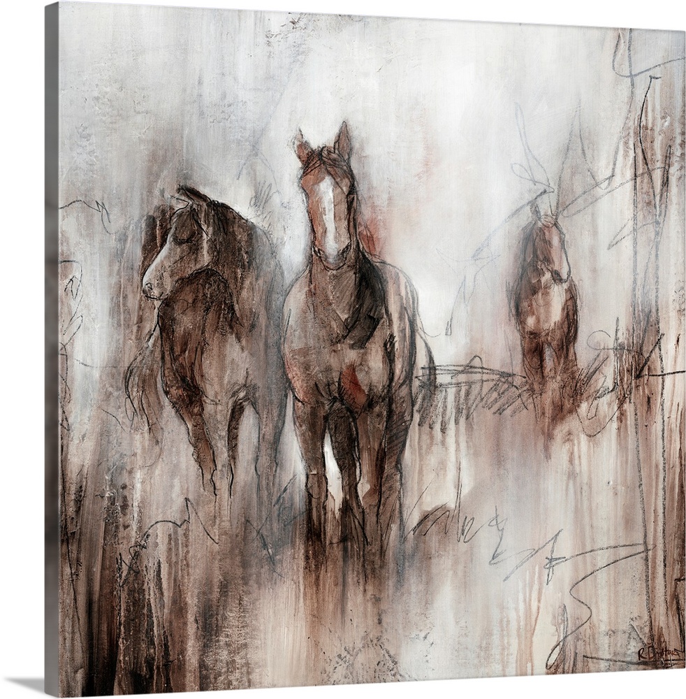 Artwork of three horses grazing together in a field of brown on an early foggy morning.